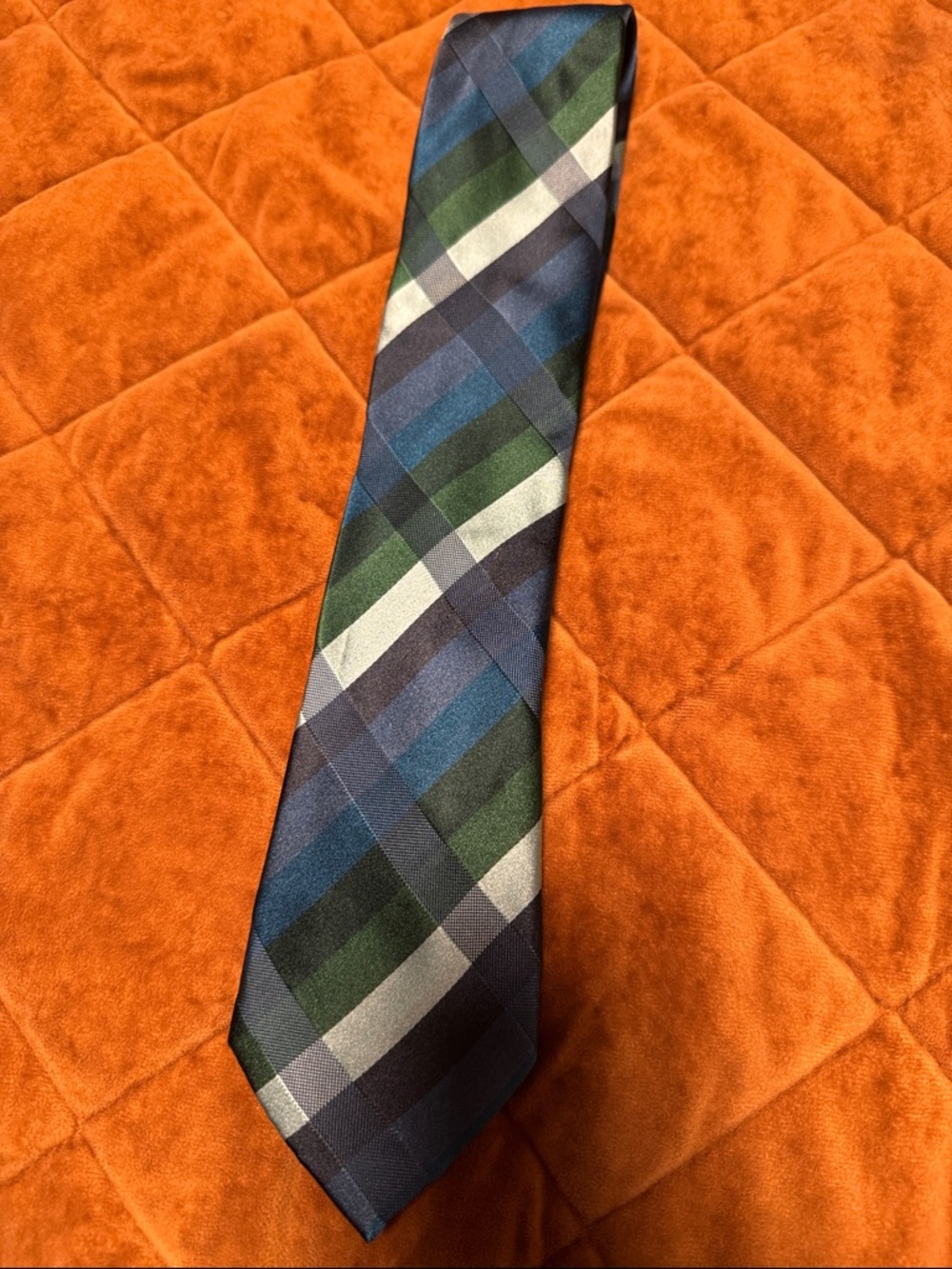BCBG Plaid Silk Tie in Navy, Green, and Gray